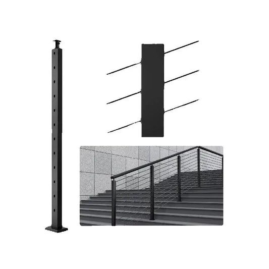SucceBuy Cable Railing Post Pre-Drilled Holes SUS304 Stainless Steel Cable Rail Post with Horizontal /curved Bracket Black