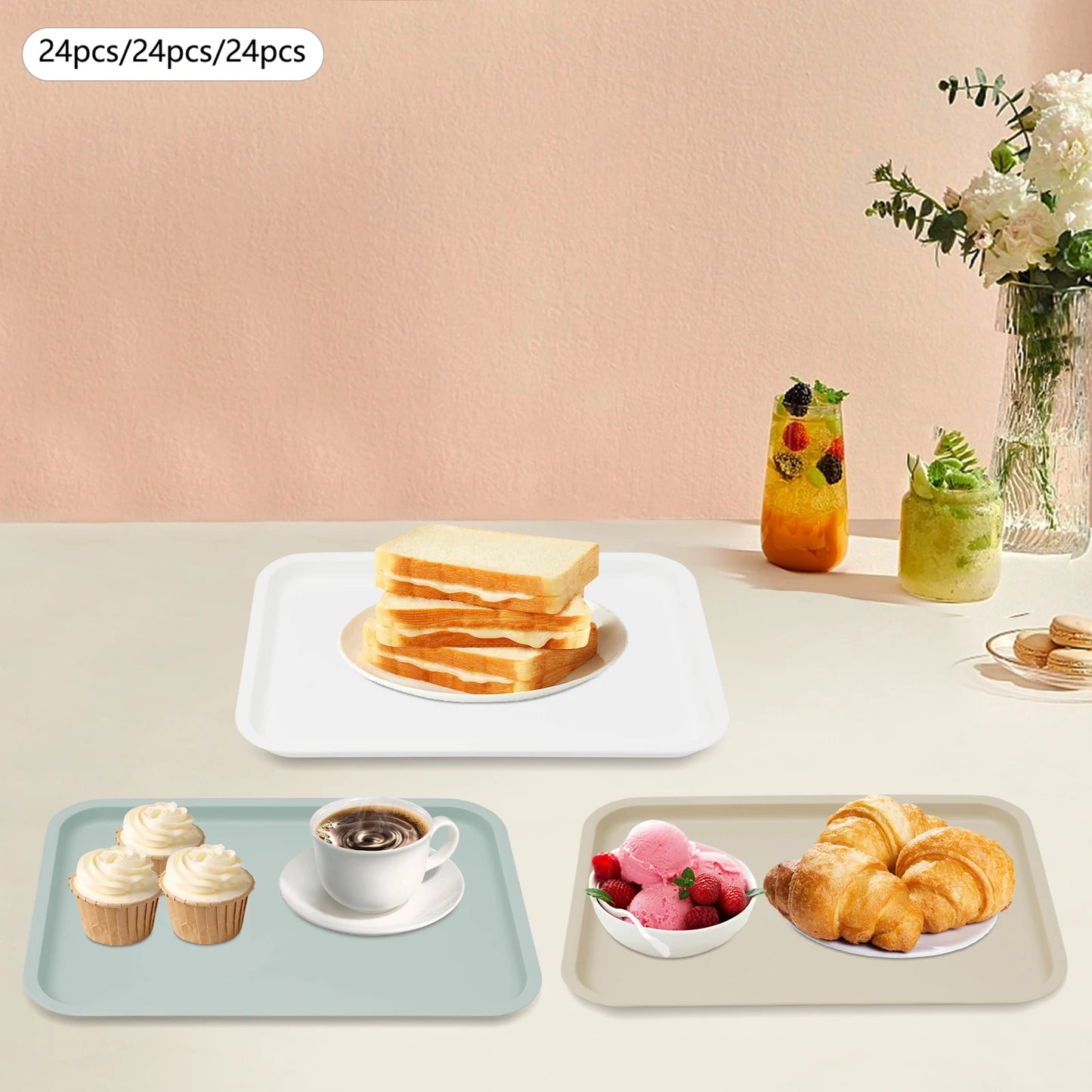 24 Pcs Fast-Food Trays Cafeteria Tabletts Rectangle Serving Tray  Stackable For Fast Food Restaurants, Cafeterias Kitchens