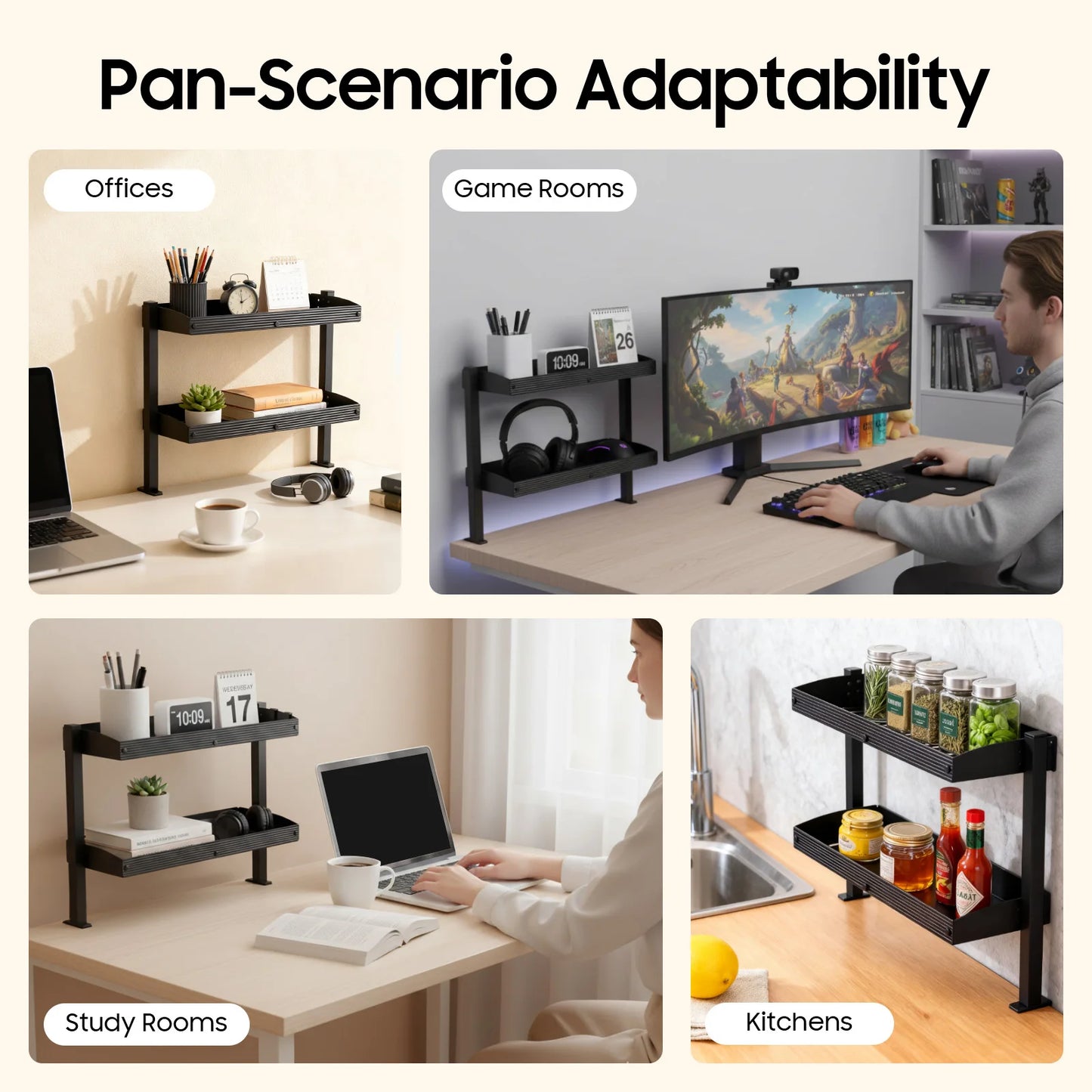 2-Tier Desk Shelf, Expandable Under Desk Storage, Clamp on Desk Shelf, Djustable Table Corner Storage Basket for Offices