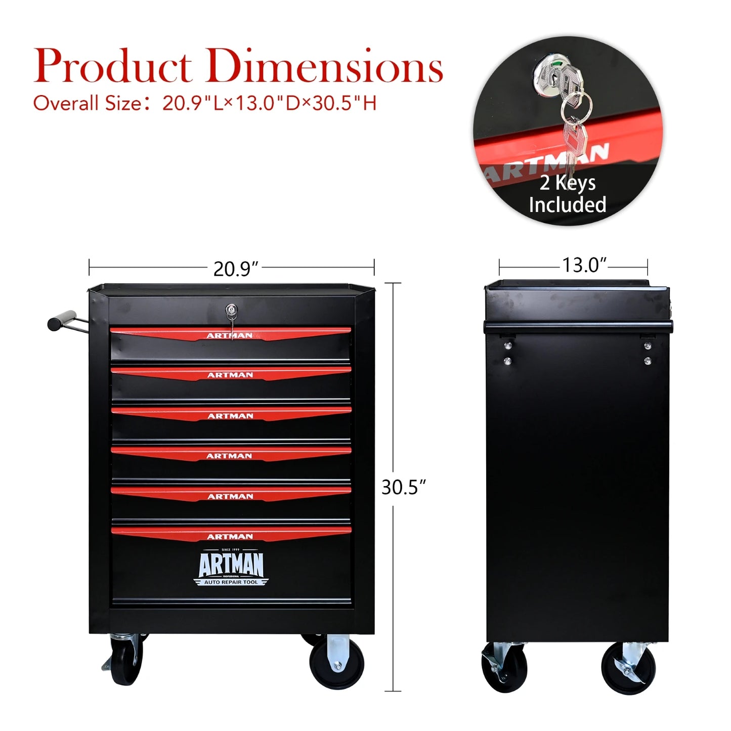 Rolling Metal Tool Chest with 6 Drawers, 20" 6-Drawer Tool Chest Cabinet with Ball Bearing Drawer Slides, Steel Tool Storage Box