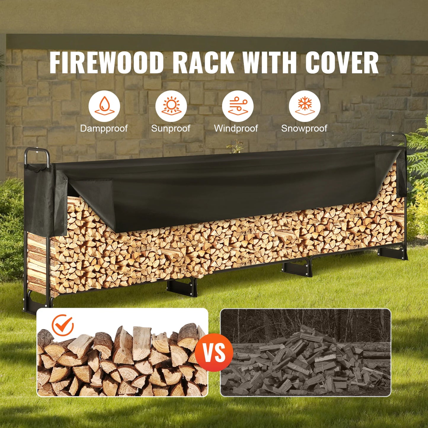 12.7FT Outdoor Firewood Rack with Cover Heavy Duty Firewood Holder & 600D Oxford Waterproof Cover for Fireplace Patio