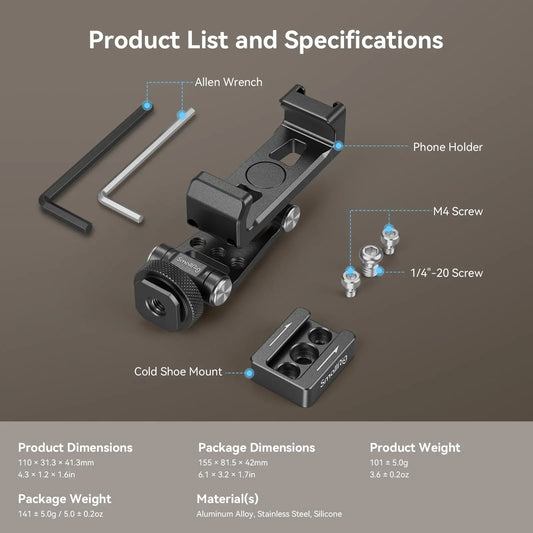 SmallRig Metal Phone Holder with Cold Shoe for 57-88mm width Phone Quick Switching for Microphone,Light for DJI RS 4 / RS 4 Pro