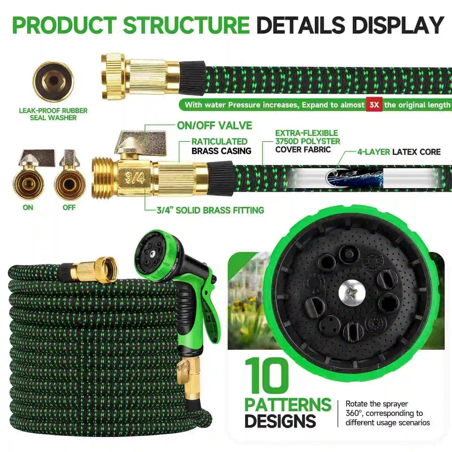LOVFEN 25/50/75/100/150ft Expandable Water Hose Flexible Magic Garden Hose 10 Pattern Sprayer Nozzle For Pet Cleaning Watering