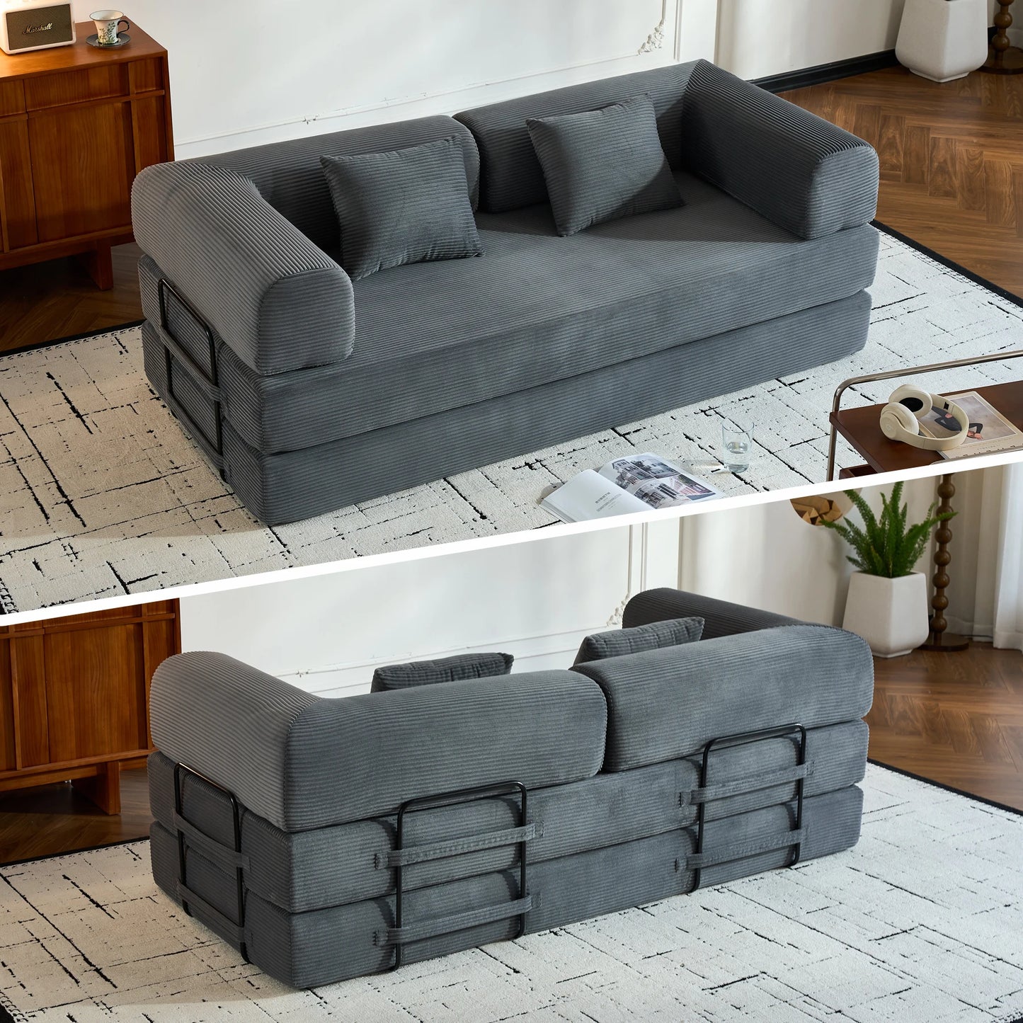 79" Convertible Sofa Bed with Fixed-Shape Frame & Removable Armrests, Corduroy Sofa, Mattress Couch for Small Spaces
