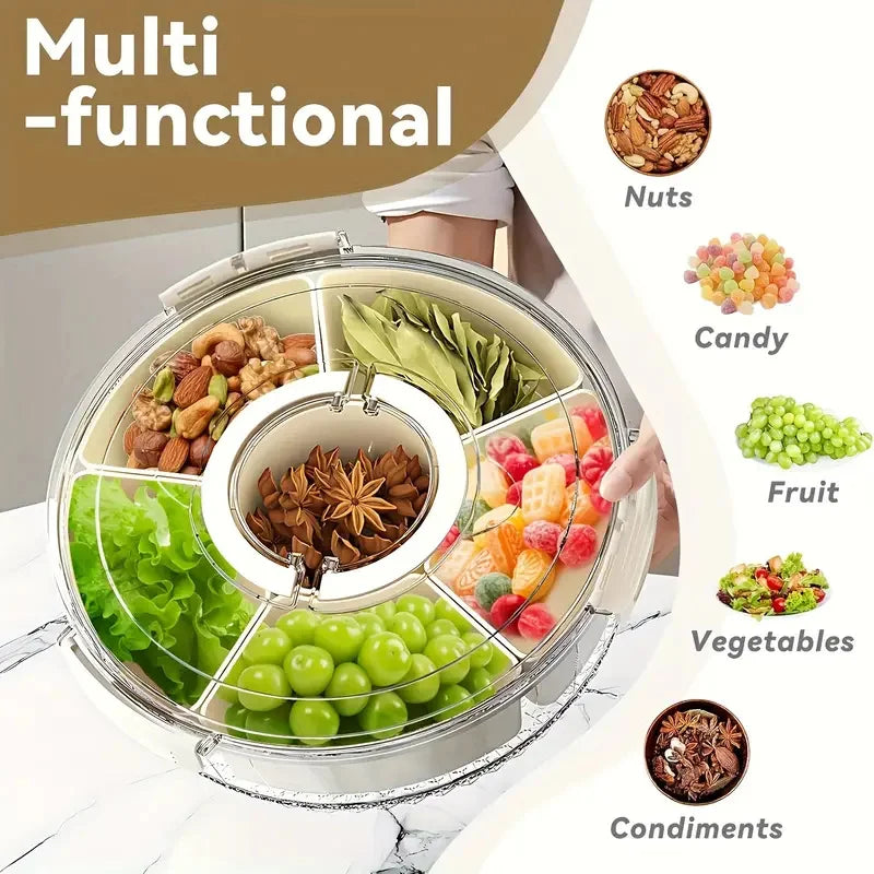 Divided Rotating Serving Tray with Lid and Handle, Portable Snackle Box for Fruits Snacks Veggie Charcuterie, Clear Snack Spinne