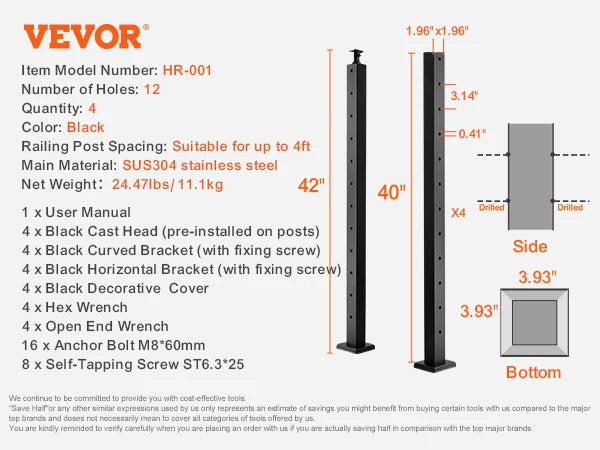 SucceBuy Cable Railing Post Pre-Drilled Holes SUS304 Stainless Steel Cable Rail Post with Horizontal /curved Bracket Black