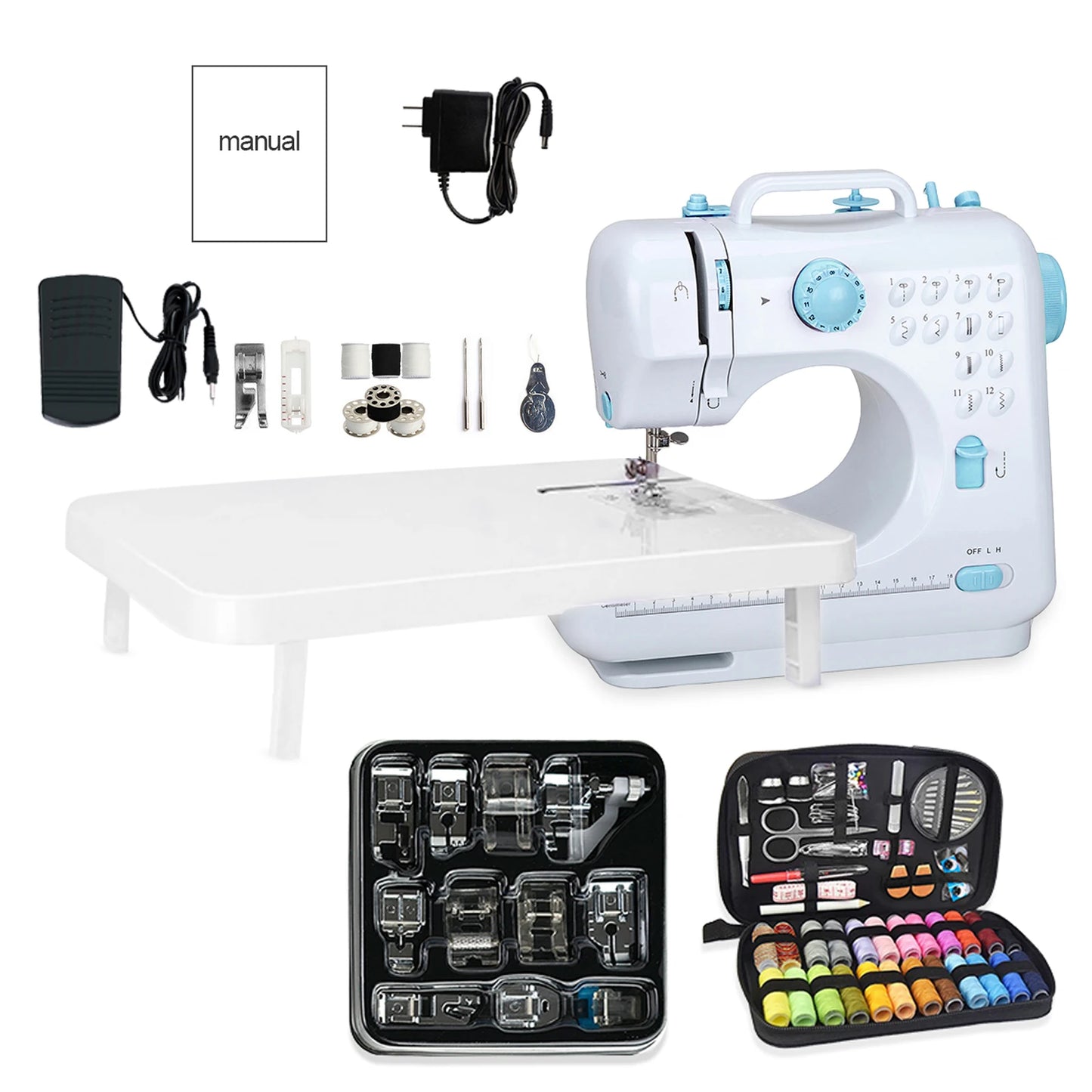505A Mini Sewing Machine with Expansion Board 11pcs Presser Feet 97pcs Sewing Kit US 110V Blue Automatic winding design