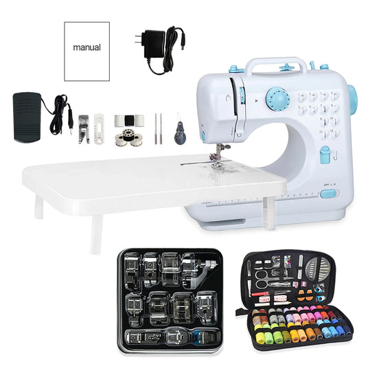505A Mini Sewing Machine with Expansion Board 11pcs Presser Feet 97pcs Sewing Kit US 110V Blue Automatic winding design