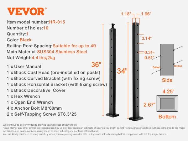 SucceBuy Cable Railing Post Pre-Drilled Holes SUS304 Stainless Steel Cable Rail Post with Horizontal /curved Bracket Black