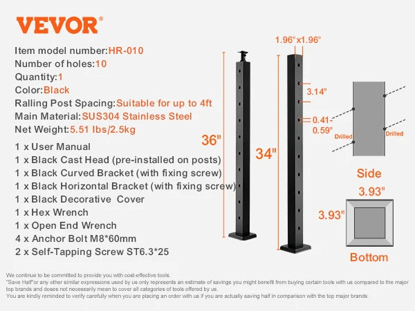 SucceBuy Cable Railing Post Pre-Drilled Holes SUS304 Stainless Steel Cable Rail Post with Horizontal /curved Bracket Black