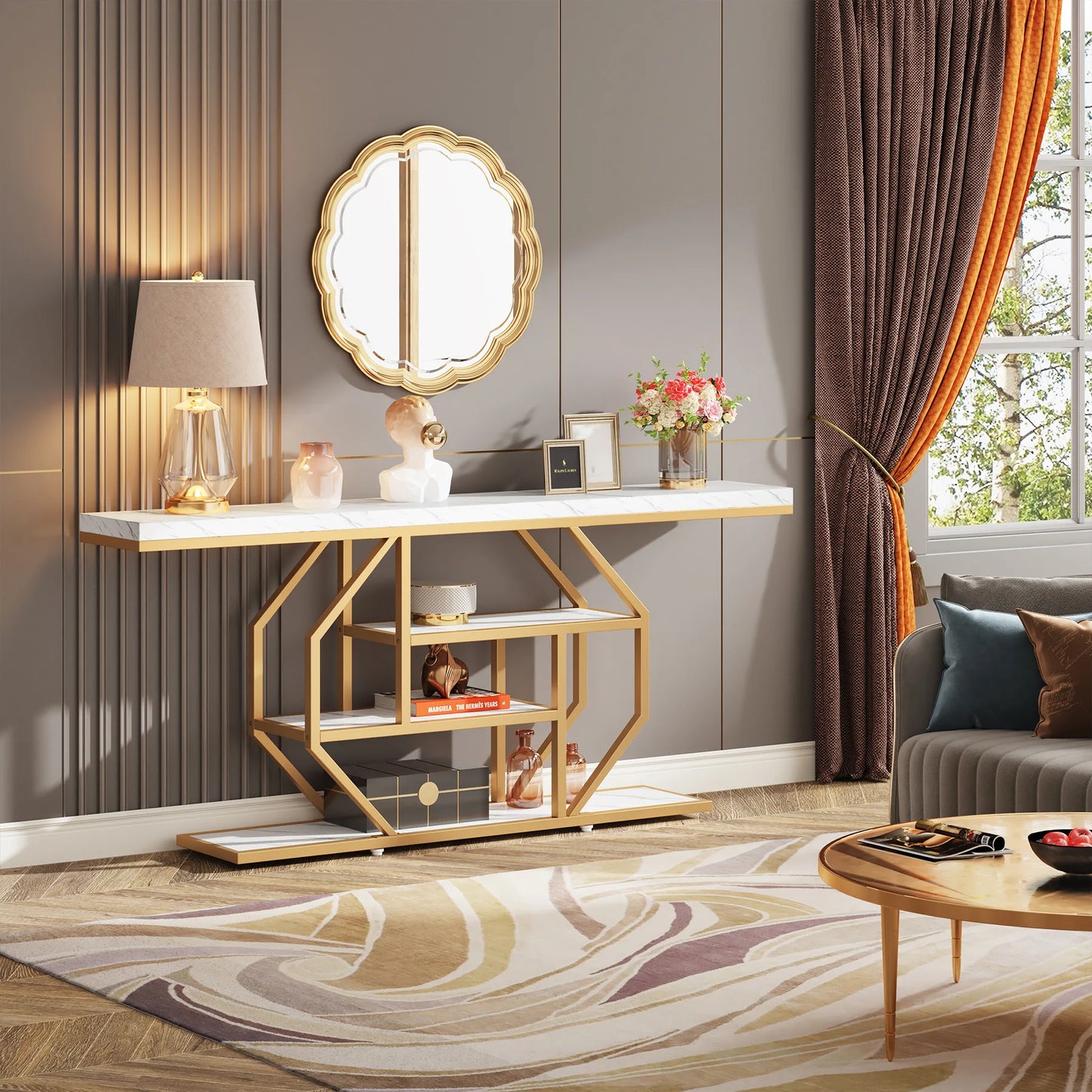 Tribesigns Console Table, Modern Gold Sofa Table Behind Couch with Storage, 4 Tier Entryway Accent Table