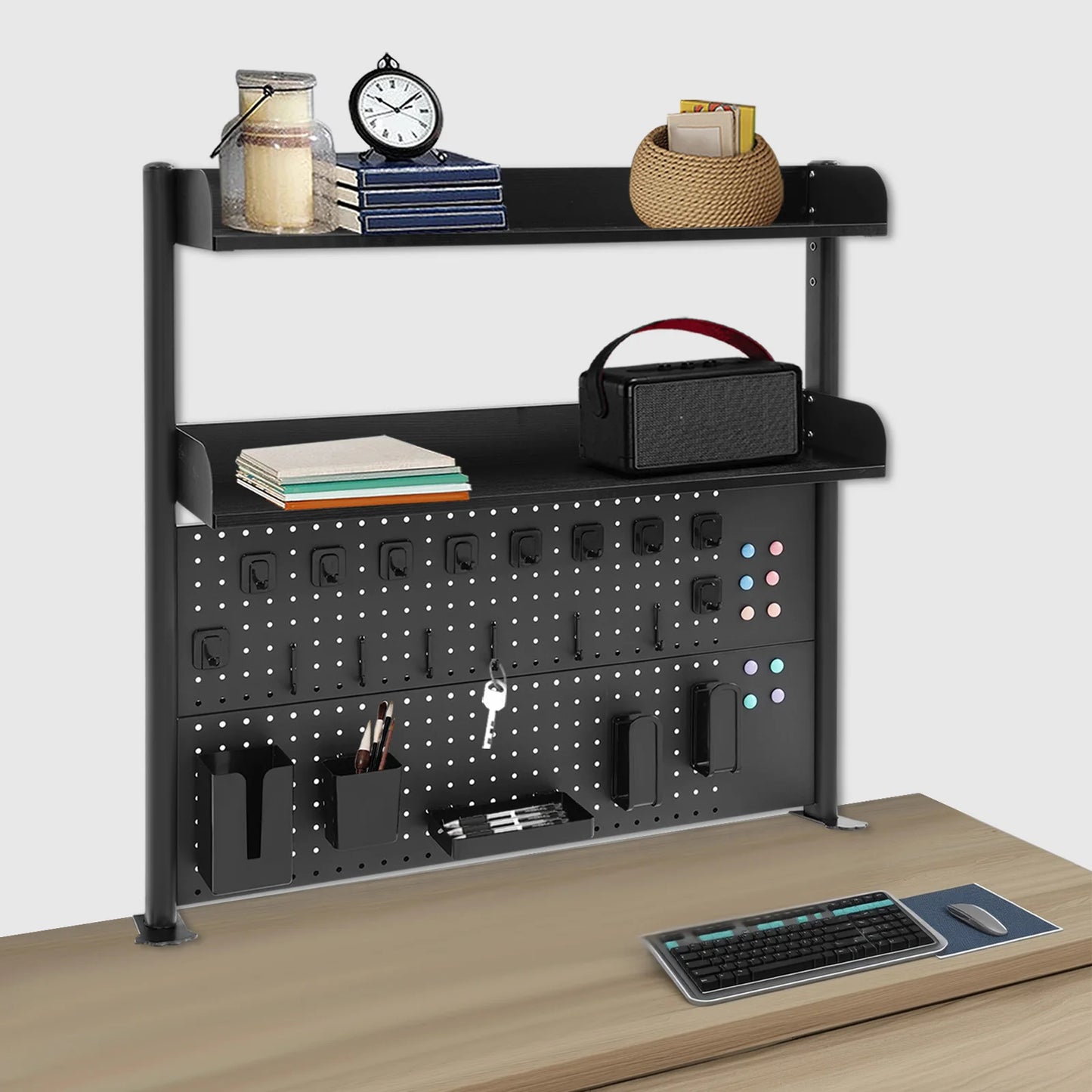 Clip On Desktop Bookshelf Organizer 2 Tier Open Shelf With Pegboard Back Multipurpose Countertop Storage For Stationery Books