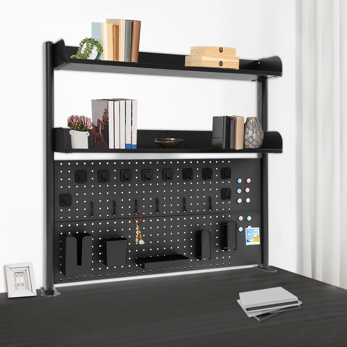 Clip On Desktop Bookshelf Organizer 2 Tier Open Shelf With Pegboard Back Multipurpose Countertop Storage For Stationery Books