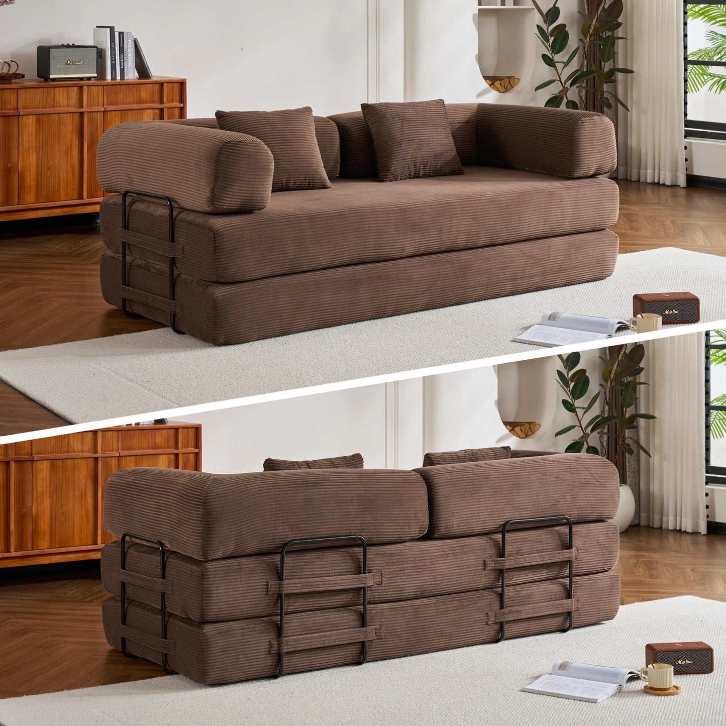 79" Convertible Sofa Bed with Fixed-Shape Frame & Removable Armrests, Corduroy Sofa, Mattress Couch for Small Spaces