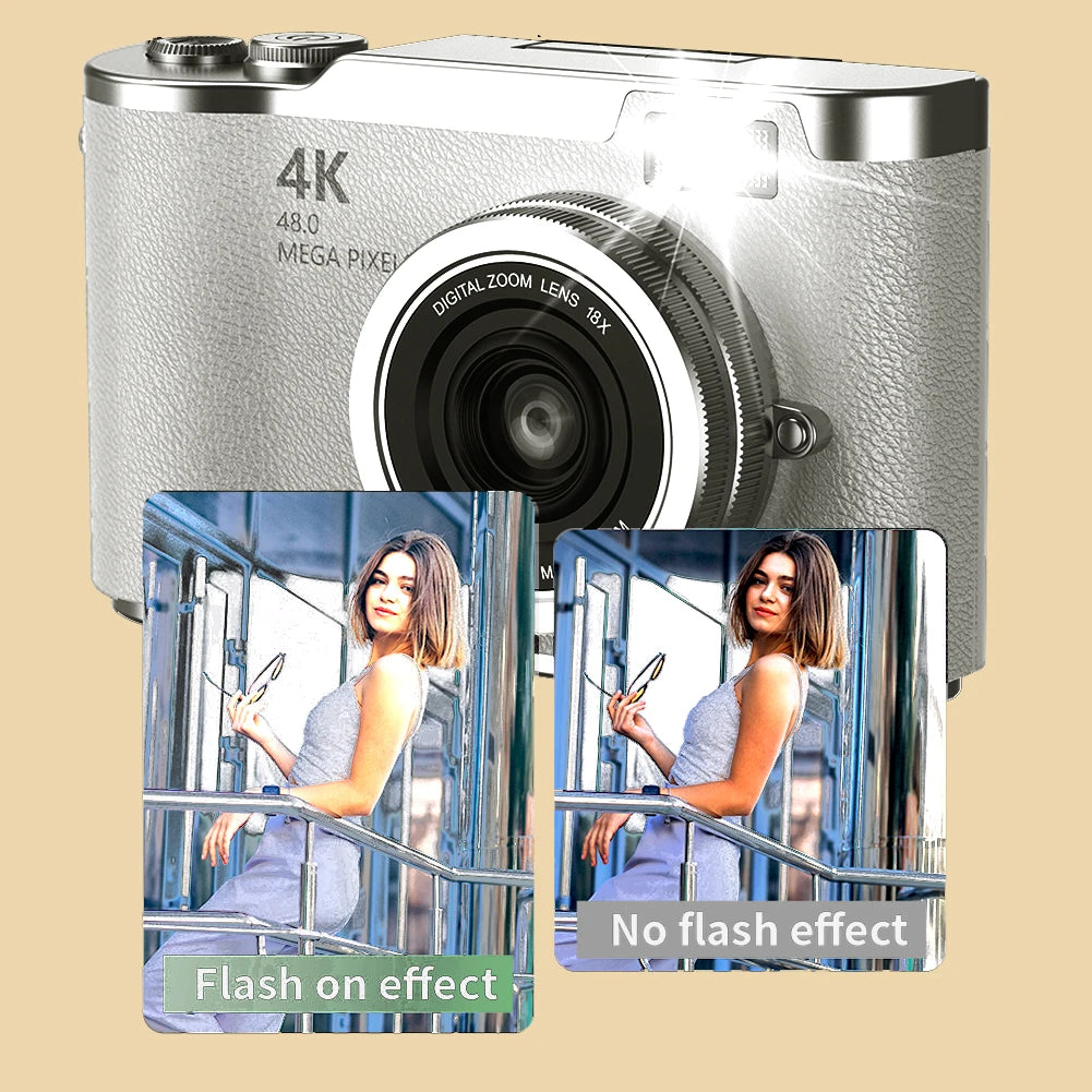 4K Digital Camera 48MP Portable CCD Camera 8X Zoom Compact Small Camera 180 Flip Screen Vintage Camera for Teens Adult Beginner