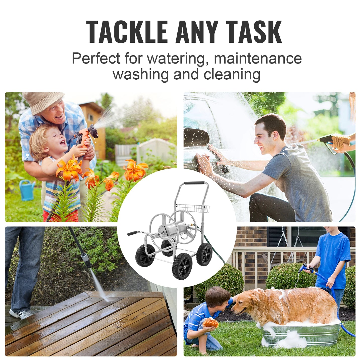 SucceBuy Hose Reel Cart 250ft Heavy Duty Garden Water Yard Planting w/ Basket Effortless Roll-up  Versatile Application Steel