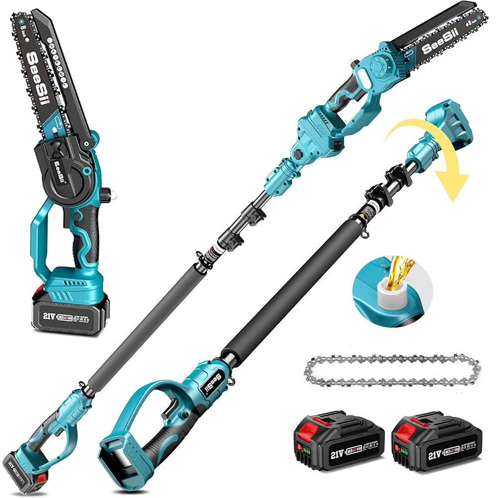 Seesii Polesaw High branch saw Cordless 8'' Electric Chainsaw with 3M Extension Pole for Tree Trimming Limb Cutter Pruner