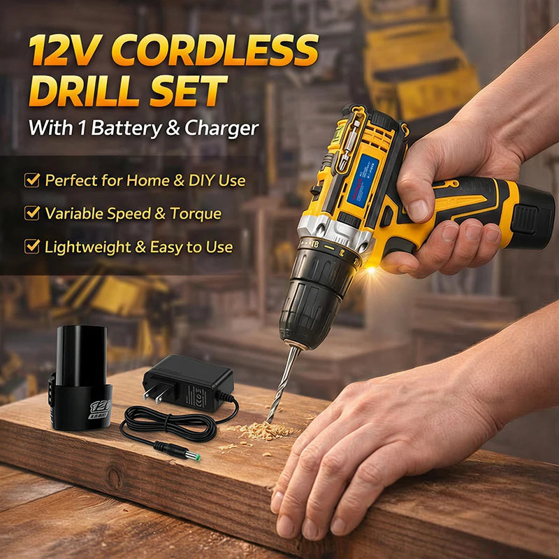 21V Cordless Impact Drill 2.0AH Rechargeable Battery Fast Charger Electric Screwdriver Adjustable Speed Torque LED Work Light Multi Drill Bits Storage Box Household Vehicle Maintenance Tool Holiday Gift For Men