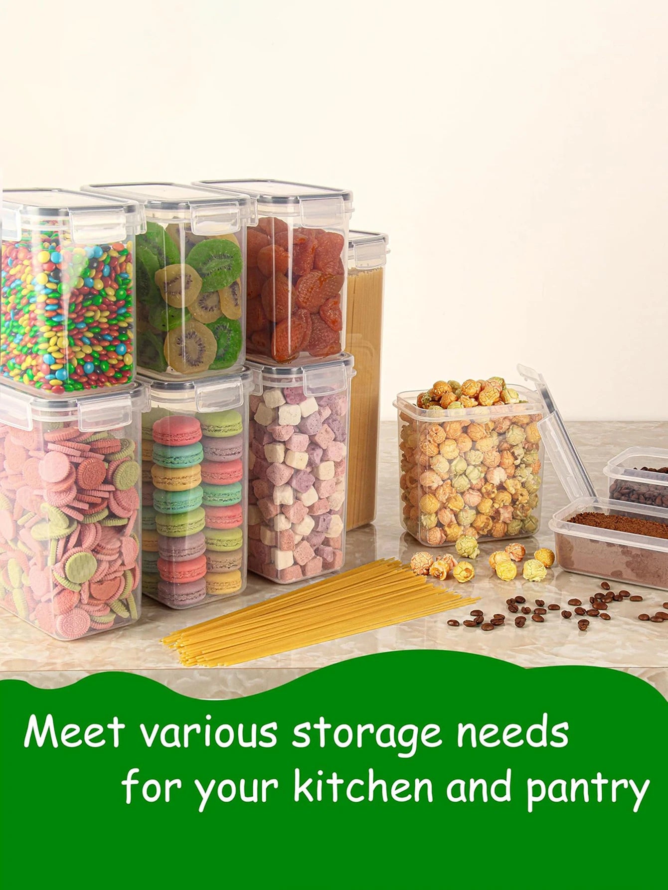 42pcs Sealed food storage containers with LIDS plastic kitchen pantry, dry cargo jars of lactose, grain, flour, sugar, labeled,