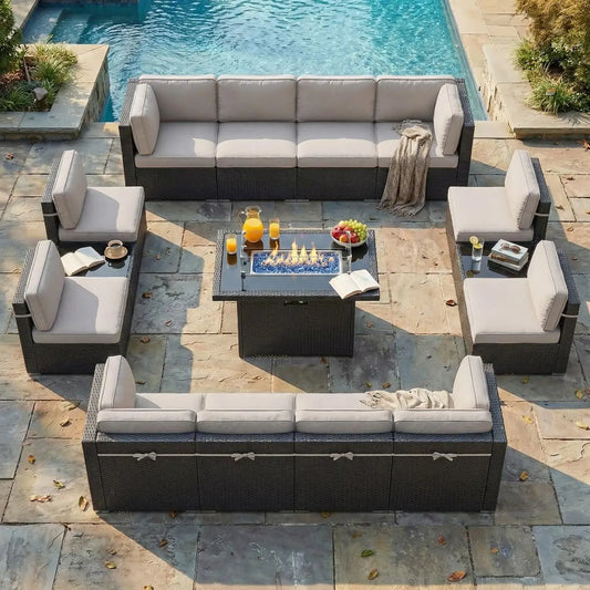 15 Piece Patio Furniture Set with Fire Pit Table, Outdoor Conversation Sets Wicker Rattan Sectional Sofa with Coffee Table