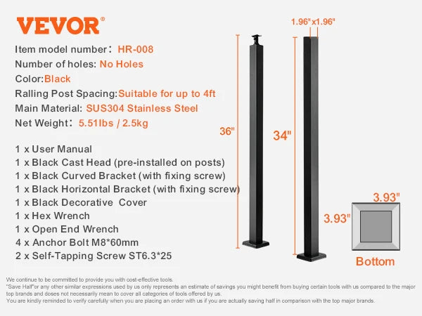 SucceBuy Cable Railing Post Pre-Drilled Holes SUS304 Stainless Steel Cable Rail Post with Horizontal /curved Bracket Black