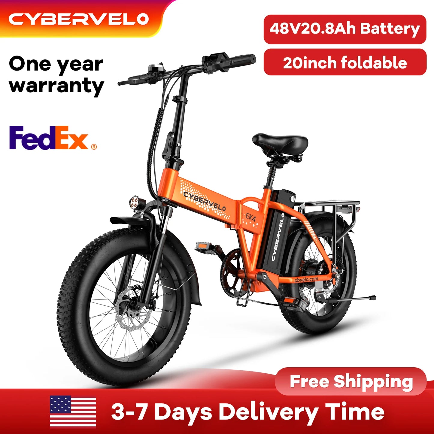 1000W Electric Bike for Adults Cybervelo EK4 Folding 48V 20Ah 30+MPH 80Miles 20" Fat Tire 7-Speed Off Road E-bike