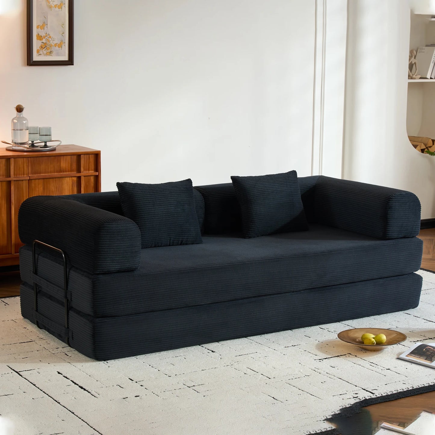79" Convertible Sofa Bed with Fixed-Shape Frame & Removable Armrests, Corduroy Sofa, Mattress Couch for Small Spaces