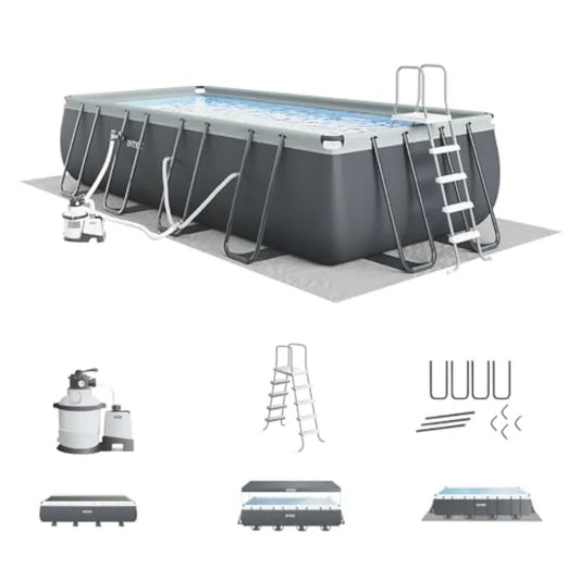 18 ft x 9 ft 52 in Rectangular Above Ground Pool Set with Steel Frame Sand Filter Pump 1500 GPH Ladder Cover Ground Cloth Blue
