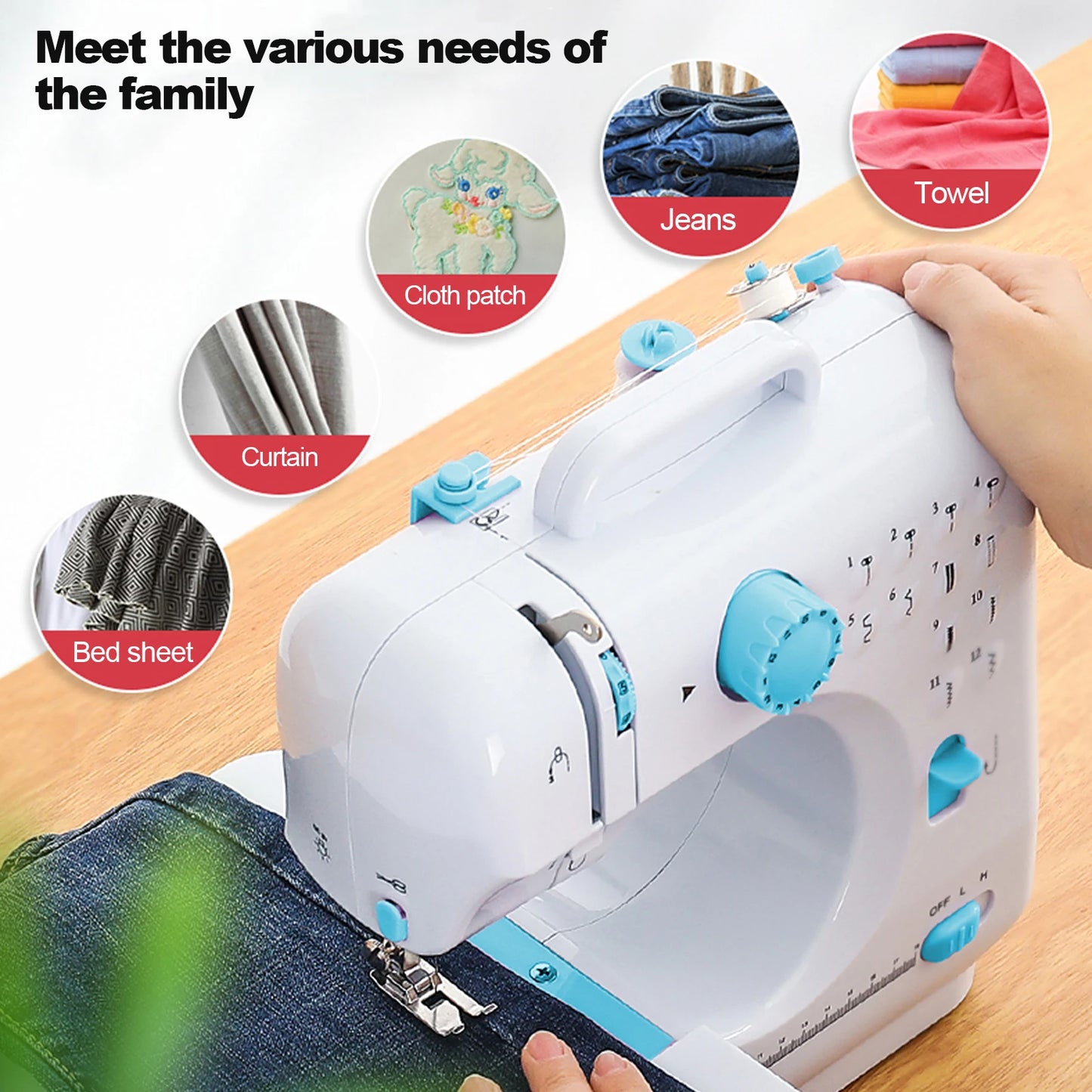 505A Mini Sewing Machine with Expansion Board 11pcs Presser Feet 97pcs Sewing Kit US 110V Blue Automatic winding design