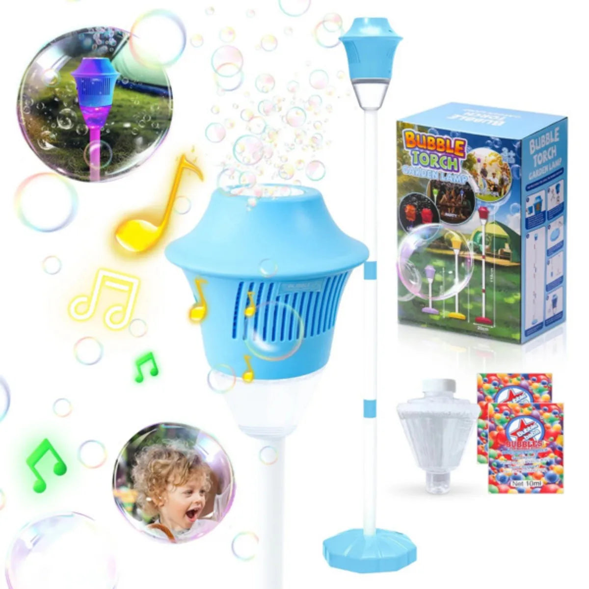 Automatic Bubble Maker with Music and Lights Colorful Bubble Machine Adjustable Height Stand Blaster Outdoor Fun Toy for Wedding
