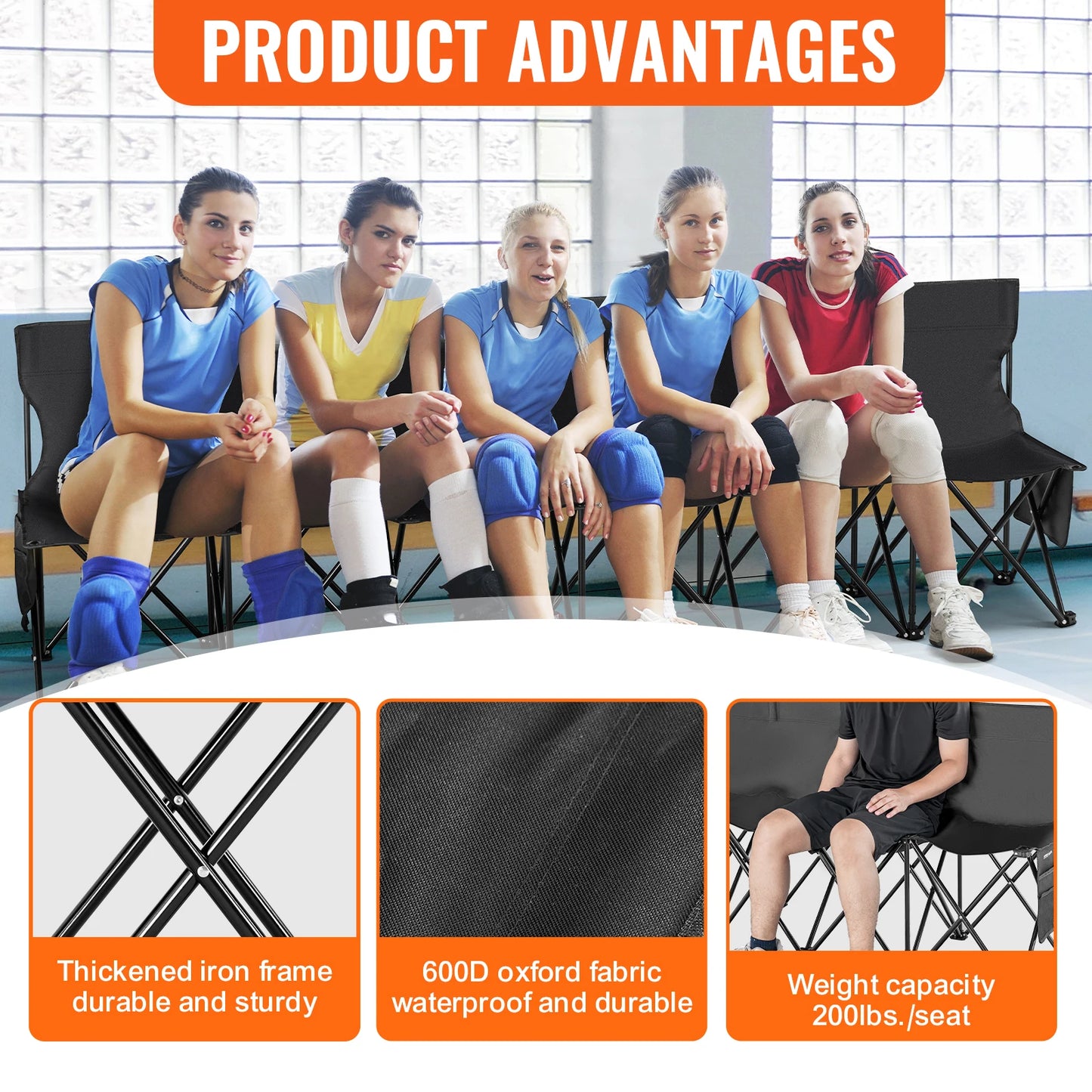 SucceBuy 6/8Seat Foldable Sideline Bench Outdoor Camping Bench Chair with Bag & Backrest Team Sport Sideline Bench