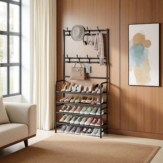 5-Tier Metal Coat Rack with Shoe Shelf & 8 Hooks - Freestanding Entryway Organizer for Hallway, Bedroom, Closet Storage