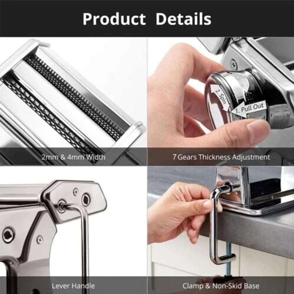 Pasta Maker Machine Stainless Steel Adjustable Manual Noodle Dumpling Press Two Cutters Spaghetti Fettuccini Lasagna Maker