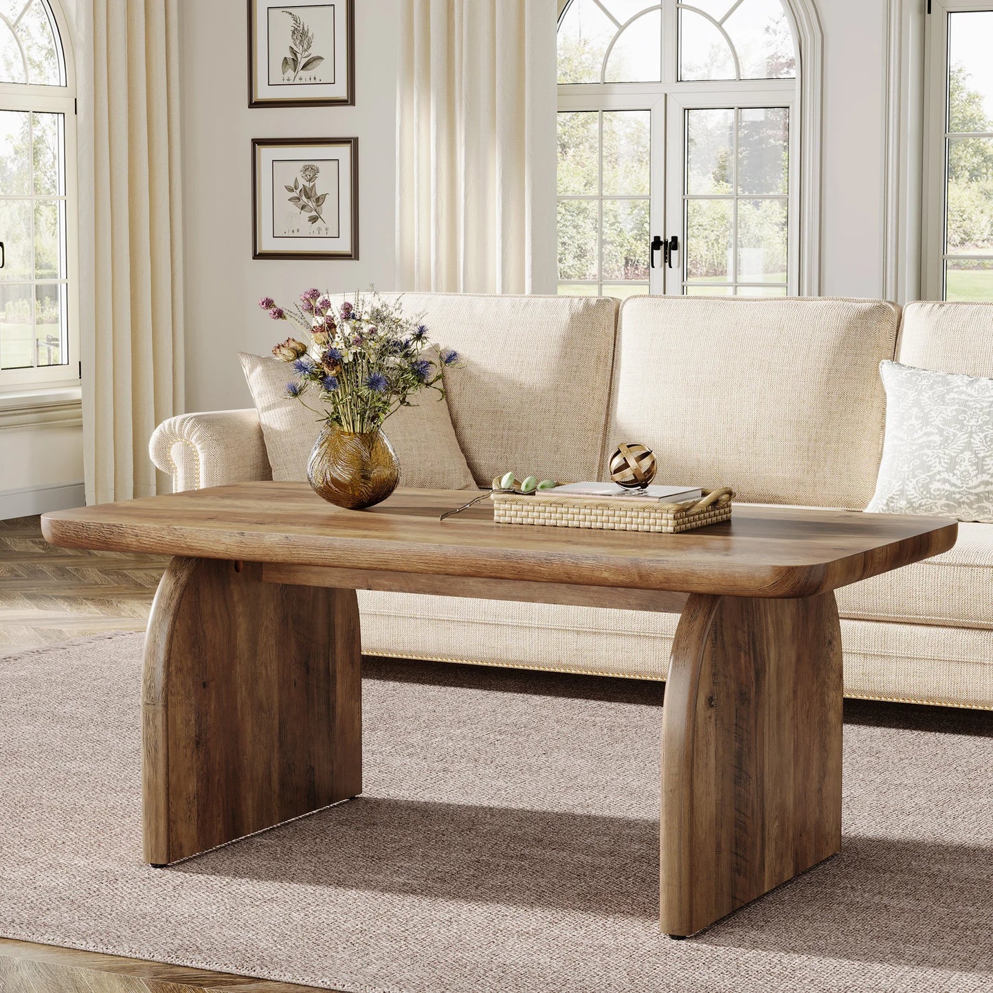 Tribesigns Farmhouse Rectangular Coffee Table, 47.24-Inch Engineered Wood Center Cocktail Tea Table with Sturdy Base