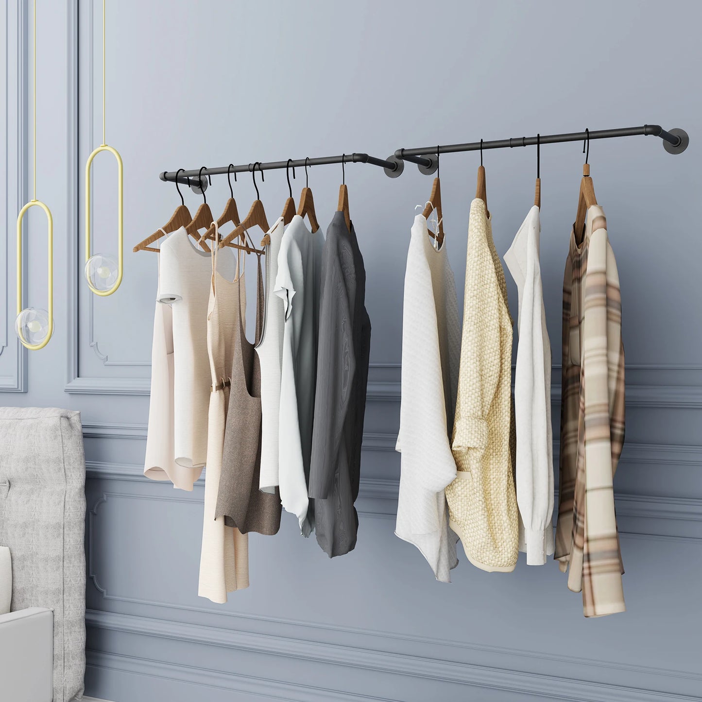 Pack Of 2 Industrial Pipe Clothes Rail Rack Wall-mounted Garment Pipe Rack Wall Iron Closet Organizer Garment Hanging Rod