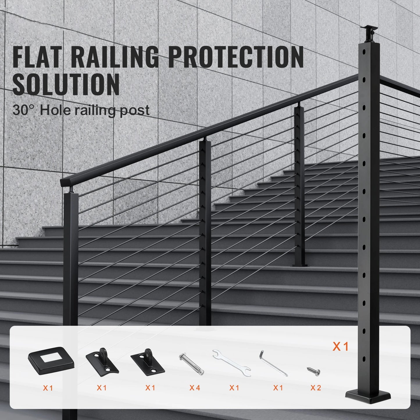 SucceBuy Cable Railing Post Pre-Drilled Holes SUS304 Stainless Steel Cable Rail Post with Horizontal /curved Bracket Black