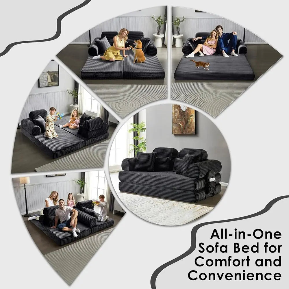 Convertible Sleeper Sofa Bed, 78.5 Corduroy Loveseat Couch, Queen to King Size Memory Foam Sofa, Black, No Assembly Needed