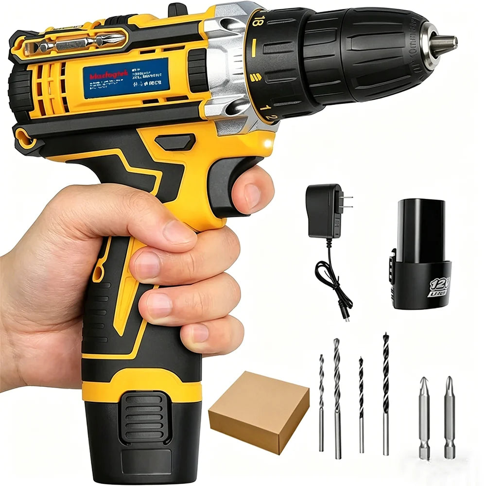 21V Cordless Impact Drill 2.0AH Rechargeable Battery Fast Charger Electric Screwdriver Adjustable Speed Torque LED Work Light Multi Drill Bits Storage Box Household Vehicle Maintenance Tool Holiday Gift For Men