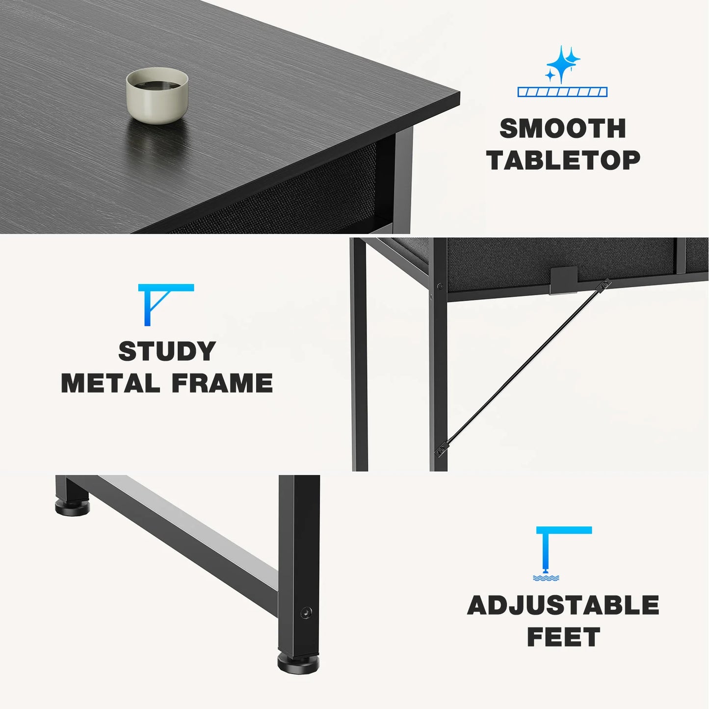 JHK 32 Inch Modern Office Computer Desk with Fabric Storage Drawers Space Side Bag Metal Frame Adjustable Feet For Home PC Table