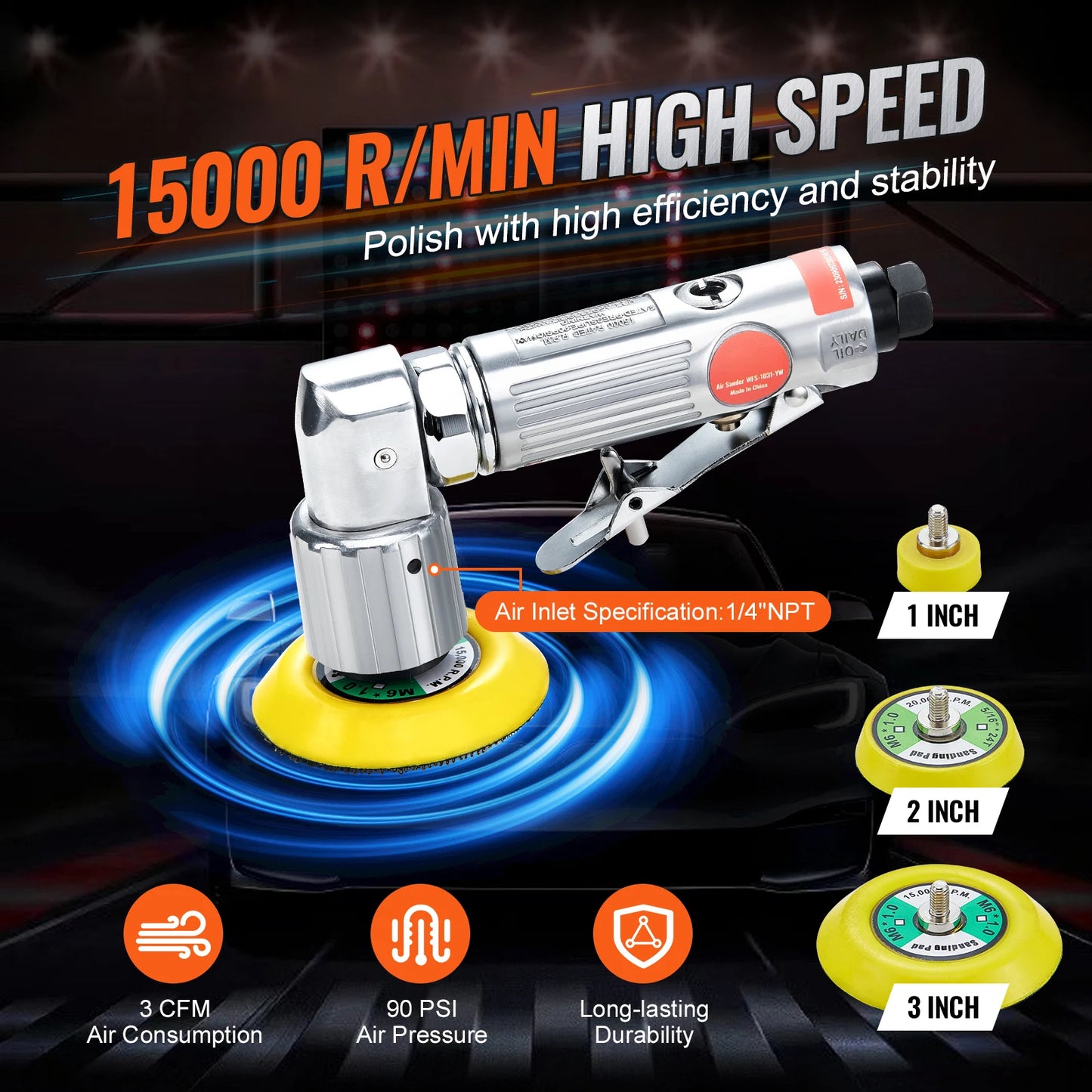 SucceBuy Mini Air Sander Orbital Pneumatic 1"/2"/3" Grinding Machine Set for Car Polishing High Speed Air Powered Polisher Tool
