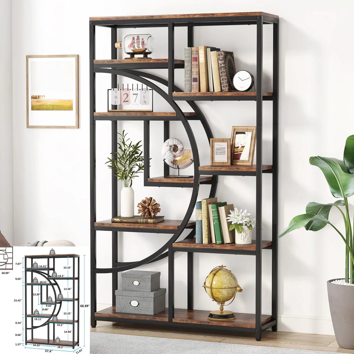 Bookshelf, Industrial 5-Tier Etagere Bookcase, 70.8 inch Tall Bookshelf , Book Shelf Display Tack Shelving Unit
