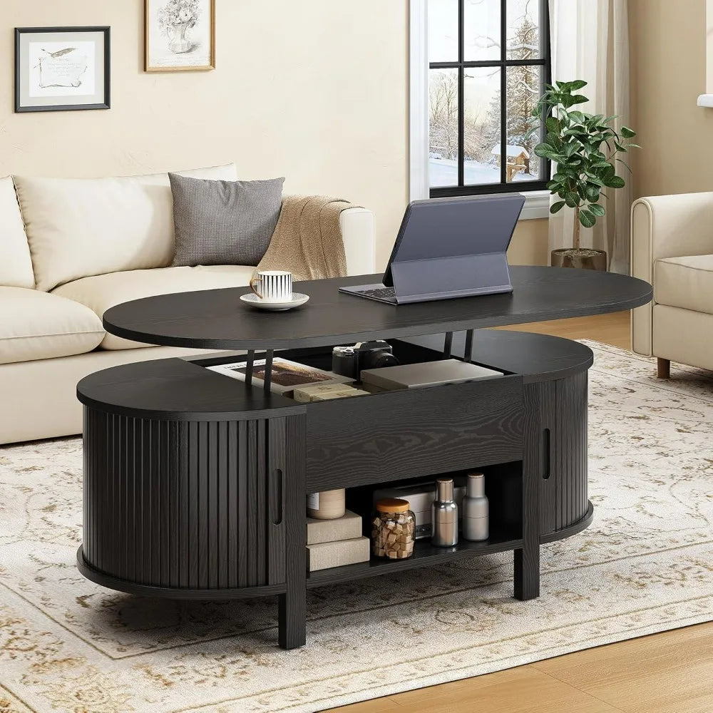 43.3" Oval Lift Top Coffee Table with Hidden Compartment, Fluted Wood Coffee Table with Sliding Door Modern Lift Tabletop