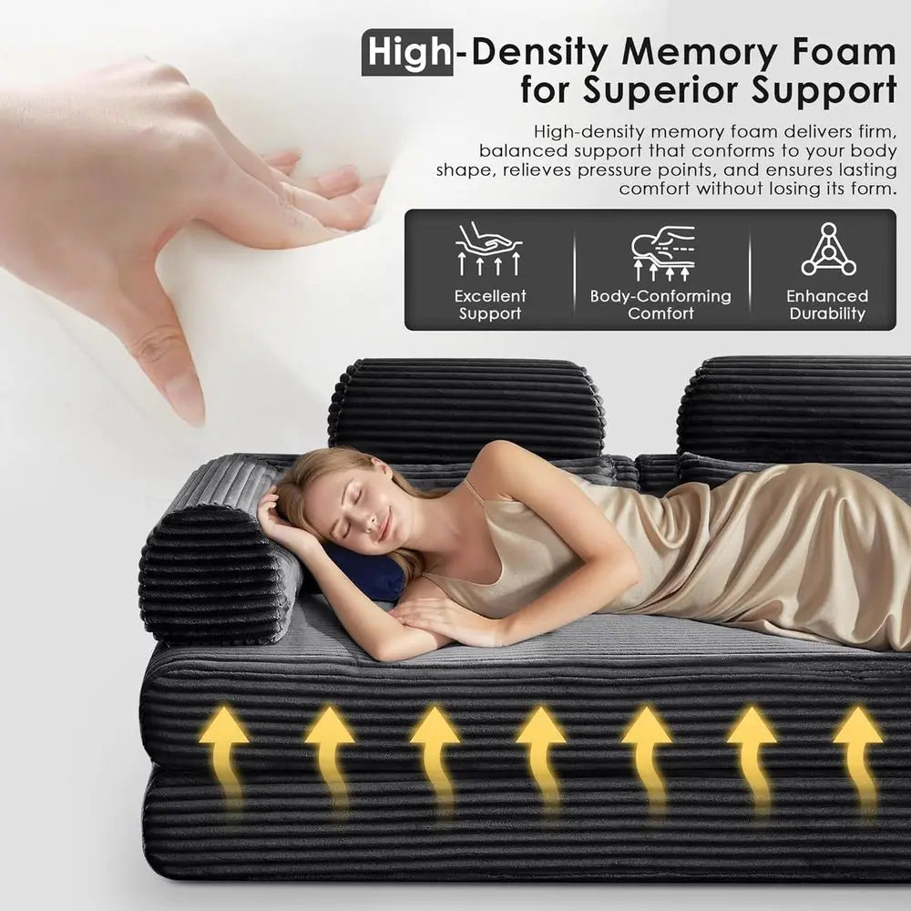 Convertible Sleeper Sofa Bed, 78.5 Corduroy Loveseat Couch, Queen to King Size Memory Foam Sofa, Black, No Assembly Needed