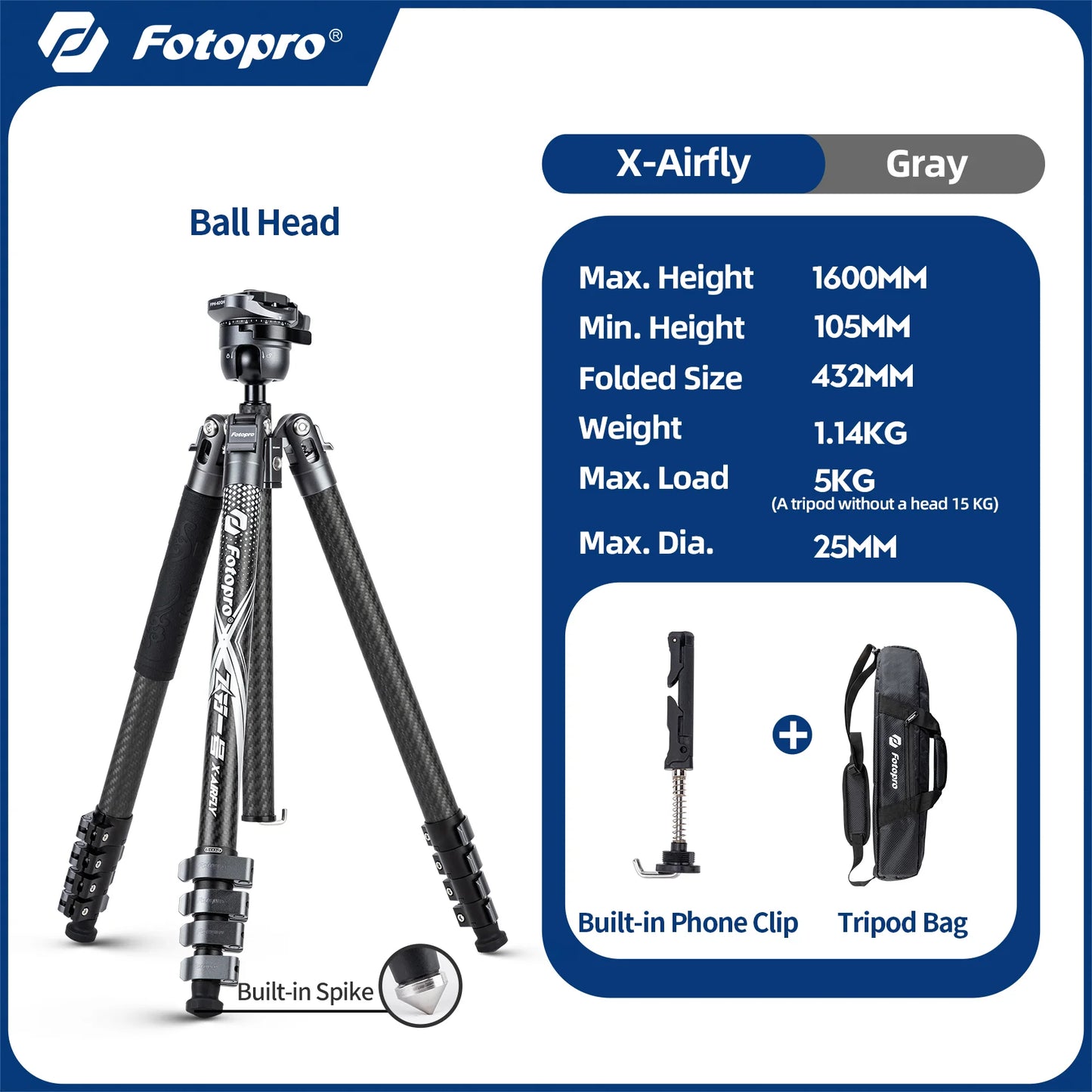 Fotopro X-Airfly Video Carbon Fiber Tripod 164CM Portable Travel Tripod for Camera with  Ball Head Fluid Head  Flip Lock