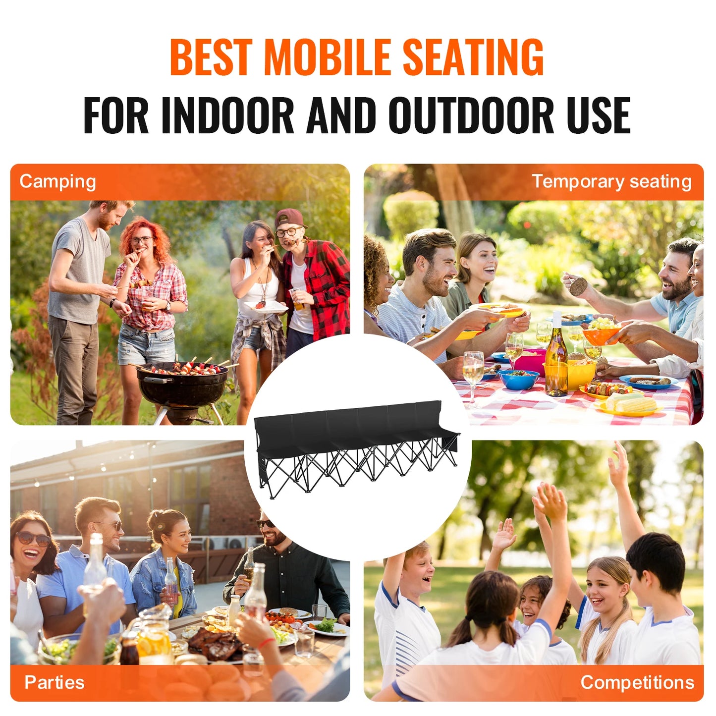 SucceBuy 6/8Seat Foldable Sideline Bench Outdoor Camping Bench Chair with Bag & Backrest Team Sport Sideline Bench