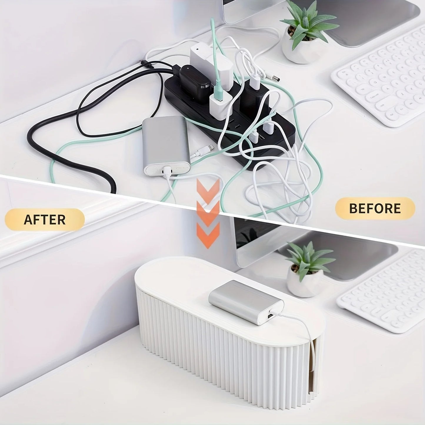 Large Cable Management Box with Lid | Portable Oval Desktop Organizer to Hide & Sort Wires for Home Office
