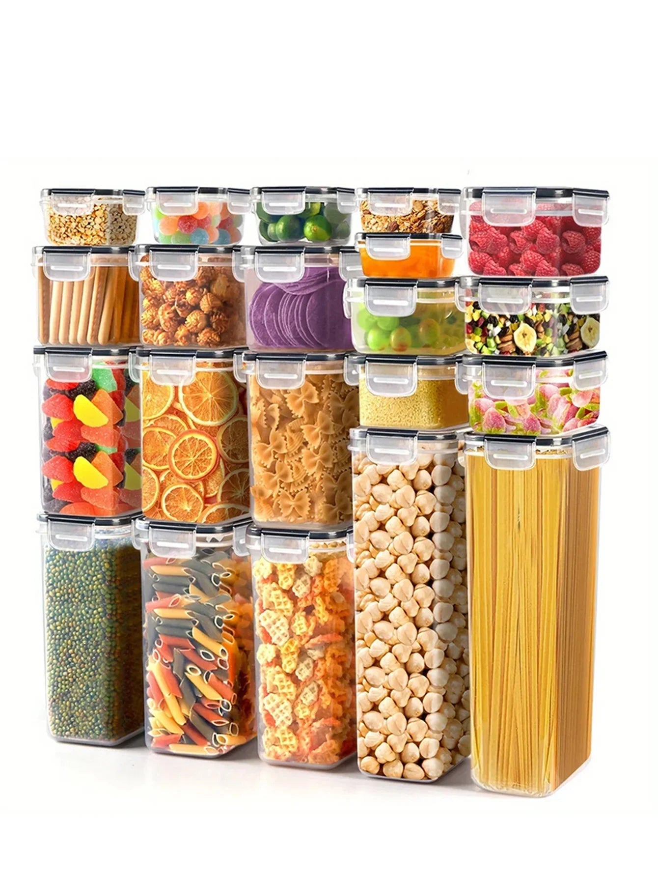 42pcs Sealed food storage containers with LIDS plastic kitchen pantry, dry cargo jars of lactose, grain, flour, sugar, labeled,