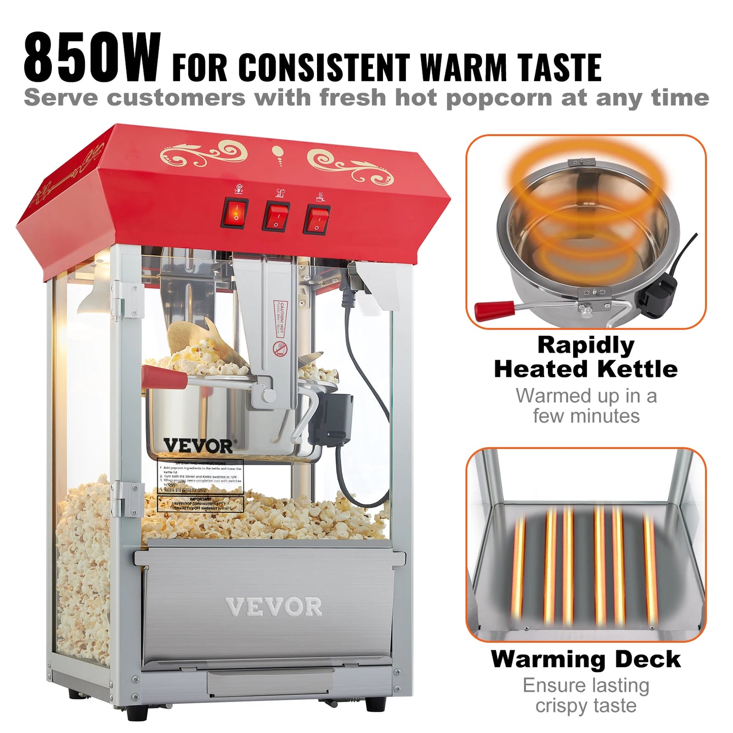 SucceBuy 8/12Oz Electric Popcorn Maker Commercial Popper Machine  Automatic Corn Cookware with Scoop Spoon SUS304 Heating Tube