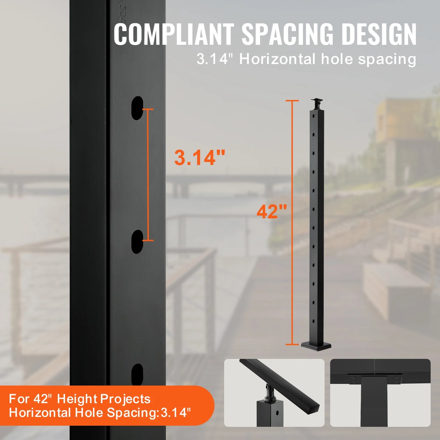 SucceBuy Cable Railing Post Pre-Drilled Holes SUS304 Stainless Steel Cable Rail Post with Horizontal /curved Bracket Black