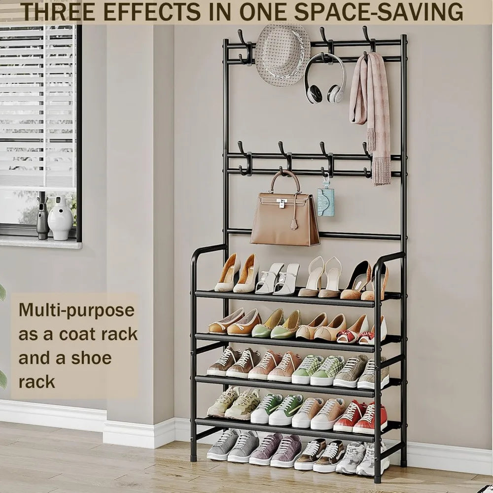 5-Tier Metal Coat Rack with Shoe Shelf & 8 Hooks - Freestanding Entryway Organizer for Hallway, Bedroom, Closet Storage